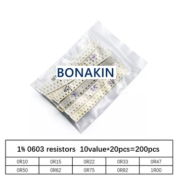 200 шт. 1% 0603 SMD резисторы в ассортименте набор DIY, 10 значений * 20 шт. = 200 шт. 1R00 R820 R750 R620 R500 R470 R330 R220 R150 R100