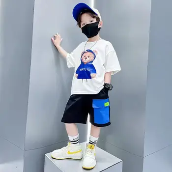 2023 Мода Новый детский летний костюм для мальчиков с короткими рукавами Мальчики среднего возраста Тонкий срез топов для маленьких мальчиков