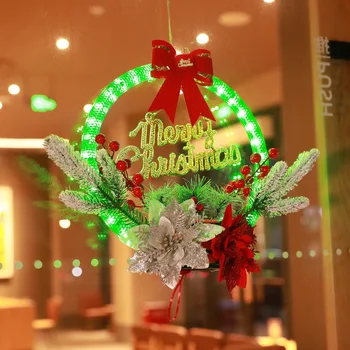 2023 Рождественский светодиодный светильник Венок Передняя дверь Окно Висит Светящаяся гирлянда Цветочная листва Рождественский домашний настенный декор Новогодний подарок