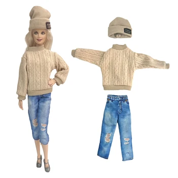 3 предмета/ комплект Высококачественный наряд ручной работы хлопковый свитер + шляпа + джинсы одежда для куклы Барби аксессуары 11,5-дюймовые игрушки для девочек