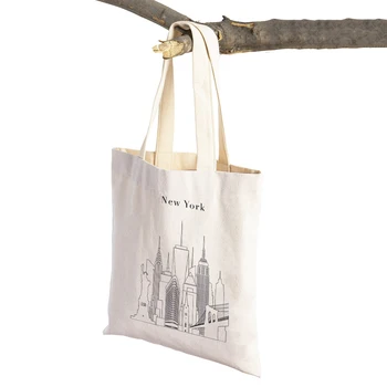 Abstract City Line Лондон Нью-Йорк Достопримечательность Здание Женщины Сумки для покупок Повседневная сумка с двойным принтом Сумка Tote Lady Shopper Bag