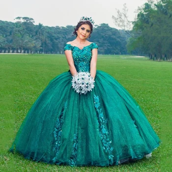 ANGELSBRIDEP Изумрудно-зеленые платья Quinceanera Принцесса Бальное платье 3D Цветок Бисероплетение Vestidos De 15 Anos Платье на день рождения Плюс размер