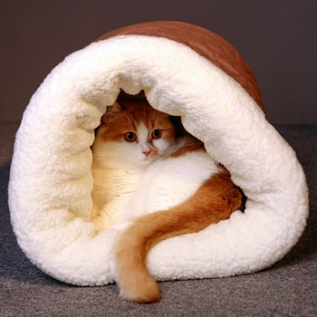 Cat House Теплый глубокий спящий наполнитель для кошачьего туалета Зимняя комфортная кровать для кошек Полностью закрытый кошачий дом Кошачий туннельный кроват Аксессуары для домашних животных