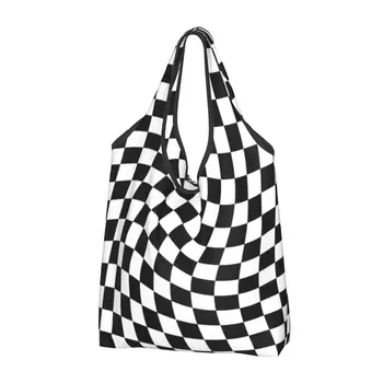 Check Black Twist Grocery Tote Сумка для покупок Женщины Custom Геометрическая шахматная сумка на плече Сумка для покупок Сумка большой емкости