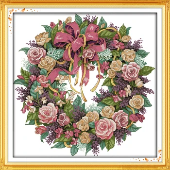 Joy Sunday Предварительно напечатанный набор для вышивки крестом Легкий узор Aida Штампованная ткань Вышивка Набор-Венок из роз