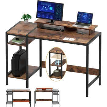 MINOSYS Игровой/компьютерный стол - 47-дюймовый небольшой письменный стол для домашнего офиса с подставкой для монитора, деревенский письменный стол на 2 монитора, регулируемый