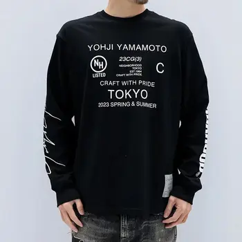 Neighborhood X Yohji Yamamoto Кобрендинговые хлопковые мужские футболки с длинным рукавом Японская осень с принтом букв NBHD Повседневные свободные топы