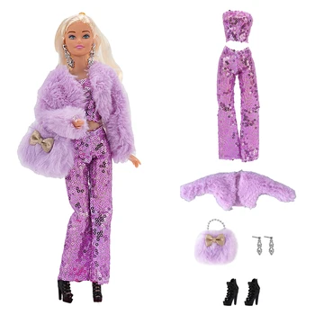 NK 1 комплект Кукла Королева Зимнее Платье Для Покупок: Фиолетовое Пальто + Блестящий Топ + Брюки + Серьги + Сумка + Высокие Каблуки Для Куклы Барби Аксессуары Игрушки