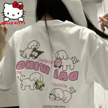Sanrio Hello Kitty Футболка Женская футболка с коротким рукавом Свободная футболка с мультяшным принтом Kawaii Harajuku Top Pair Y2k Tshirt Kuromi Одежда