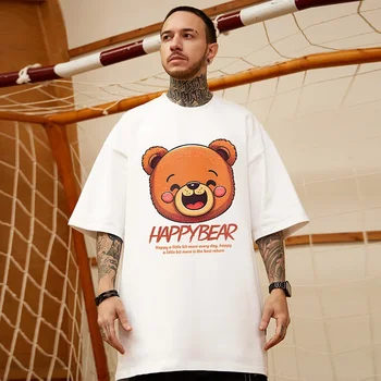 Summer Happy Bear Футболка с графическим принтом для мужчин Новые повседневные хлопковые футболки с коротким рукавом Y2K Streetwear Хип-хоп модные футболки