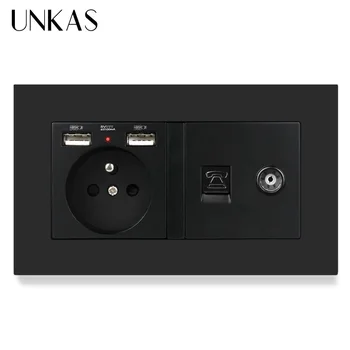 UNKAS PC Пластиковая панель Французская стандартная розетка с двойным USB-портом для зарядки + гнездовой телевизионный телевизионный разъем и телефонный разъем RJ11