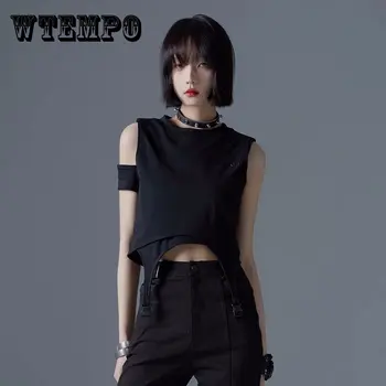 WTEMPO Летняя черная футболка без рукавов Нерегулярный женский укороченный топ Корейская мода Повседневные майки Новый стиль Y2K Винтажная одежда