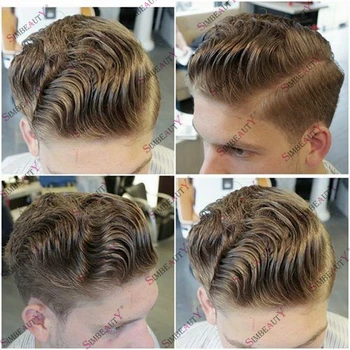Блондинка Человеческие волосы Мужские 30 мм Волна Волосы Замена Протезы Шиньоны Полная Кожа Основа Европейские Волосы Мужчины Парик Нехирургический