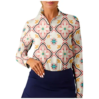 Геометрический цветочный узор Женская рубашка для гольфа Длинный рукав Половина молнии Дышащие быстросохнущие топы Повседневная спортивная одежда