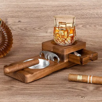 Деревянная пепельница для сигар Твердые деревянные подставки Стеклянный лоток для виски Аксессуары для сигар