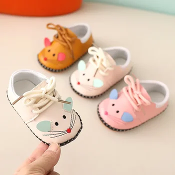 Детская прогулочная обувь для мальчиков и девочек в возрасте 0-1 года Детская обувь с мягкой подошвой Одинарная обувь перед ходьбой Мультяшная шнуровка