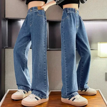 Джинсы для девочек Осень Новый 2023 Свободные прямые брюки для детей 9 10 12 13 14 лет Синие повседневные джинсовые брюки для подростков-школьников