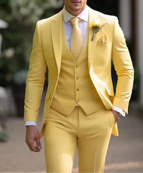 Желтый смокинг Жених Жених Свадебная вечеринка Мужчины Деловые костюмы Slim Fit 3 шт. Платье