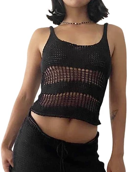 Женские винтажные вязаные крючком укороченные топы с открытой спиной и полым дизайном без рукавов для модной уличной одежды
