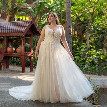 Изысканное свадебное платье Большие размеры для невесты Съемные платья невесты без рукавов с V-образным вырезом Кружевная аппликация А-линии Vestido De Noiva