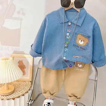 корейская версия Комплект одежды для мальчиков от 6 до 18 месяцев Джинсовая рубашка с принтом медведя с длинным рукавом и брюки 2PCS Детские наряды Детский костюм