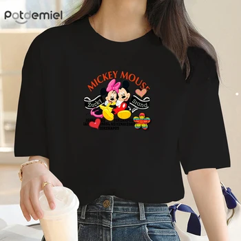 Летняя женская футболка с Микки Маусом Женская свободная футболка Harajuku Летние топы с короткими рукавами Женская мультяшная одежда Minnie