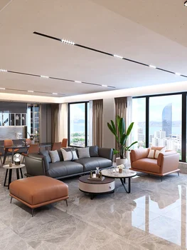 Минималистичный кожаный диван, верхний слой воловьей кожи, элитная маленькая квартира, мода, элитная постмодернистская роскошная мебель в гонконгском стиле
