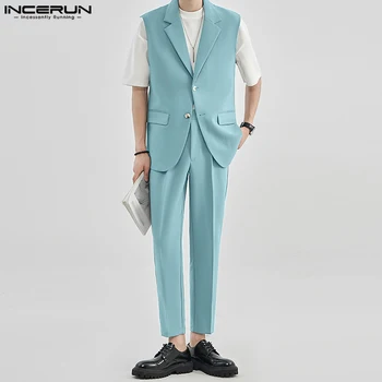 Модные мужские комплекты Однотонные жилеты без рукавов в корейском стиле и брюки Комплекты из двух предметов Уличная одежда 2023 Мужские костюмы S-5XL INCERUN