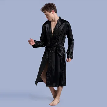 Мужская шелковая атласная свободная пижама Ванна Пижамы Халат Длинный рукав V-образный вырез Ночные халаты Карманы Однотонная ночная рубашка Черный