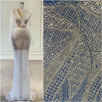 новый стиль тяжелые бусины серебро сияющий тяжелый бисер вышивка роскошная кружевная ткань африканское свадебное платье кружевная ткань 1 ярд