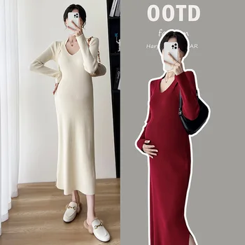 Платья для беременных 2023 Новая одежда для беременных женщин Вязаное платье с длинным рукавом и V-образным вырезом Женская одежда Платья для беременных