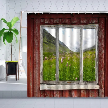 Ретро деревянное окно Пейзаж Занавеска для душа Зеленый луг Растение Цветок Весна Природный ландшафт Шторы Полиэстер Набор для ванной комнаты