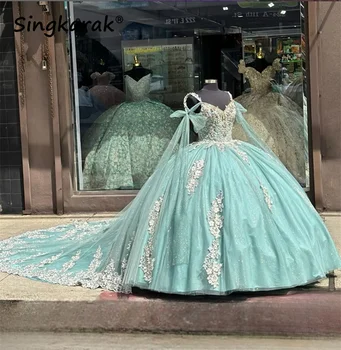 Роскошные платья принцессы Quinceanera 2024 Кружевные аппликации Кристалл с открытыми плечами Бусины День рождения Сладкие 16 платьев на шнуровке