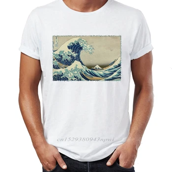 Совершенно новые мужские футболки 100% хлопок Великая волна от Канагава Японское искусство Потрясающее произведение искусства Печатные футболки с о-образным вырезом Оверсайз