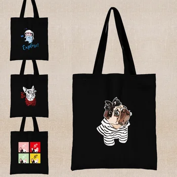  Сумки для покупок с печатью собак Модная сумка Холщовая сумка Женская сумка через плечо Harajuku Повседневные сумки для покупателей Многоразовая сумка для всякой всячины