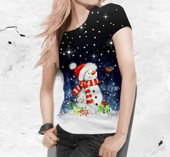 Универсальная женская футболка Рождественский снеговик Цифровая 3D-печать Мода Тенденция Тонкий Легкий Повседневная Носитель Короткий Рукав Досуг Лето