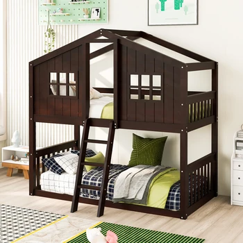 Эспрессо Твин Над Twin House Двухъярусная кровать с лестницей - Кровать из массива дерева идеально подходит для братьев и сестер, проживающих в одной комнате